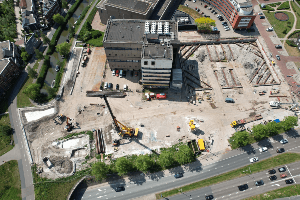 Aerial view of the LEAD construction site on the Willem de Zwijgerlaan in Leiden